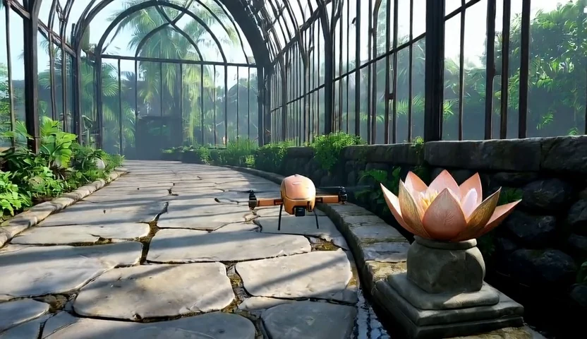 Generated greenhouse world with a drone and lotus